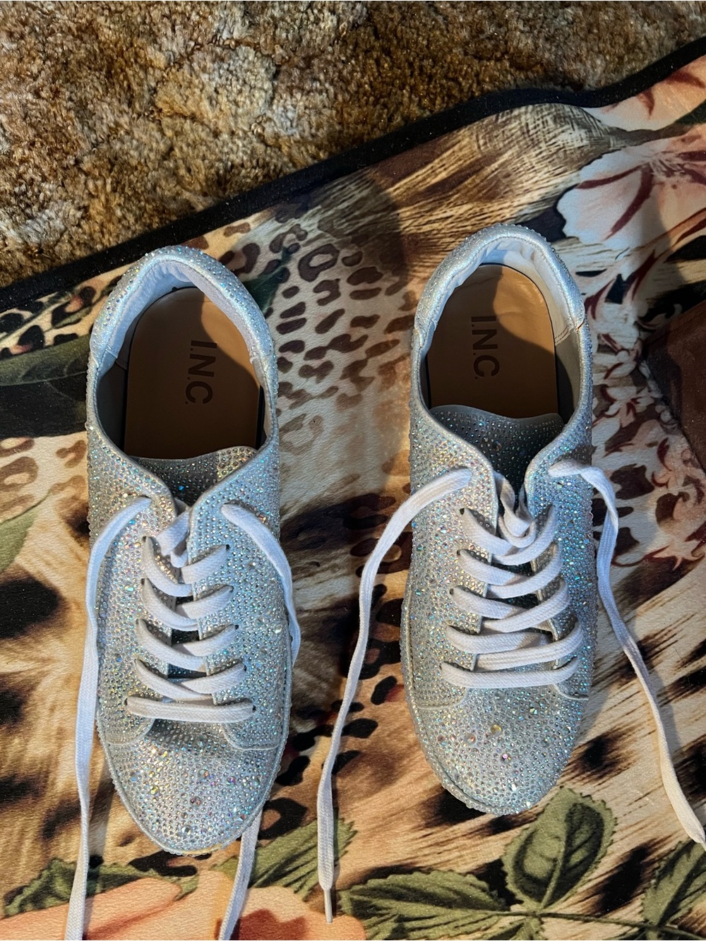 INC International Concepts Iridescent Crystal Lace-Up Sneakers in Silver